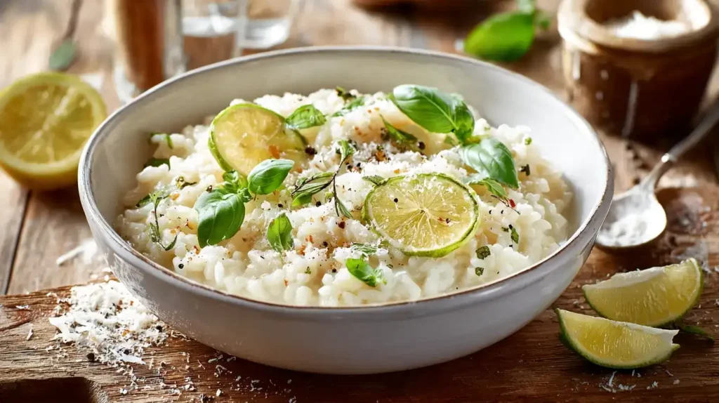Nahaufnahme von Kräuter-Risotto aus dem Ofen mit frischen Kräutern und Limettenscheiben