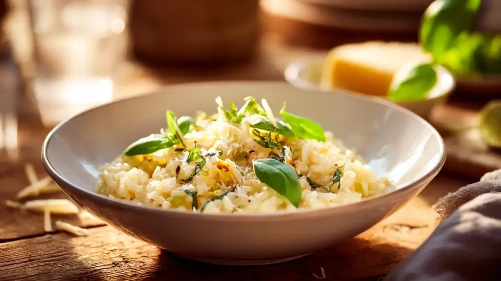 Cremiges Kräuter-Risotto aus dem Ofen, serviert mit Basilikum und Parmesan