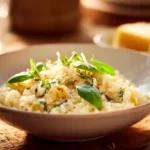 Cremiges Kräuter-Risotto aus dem Ofen, serviert mit Basilikum und Parmesan