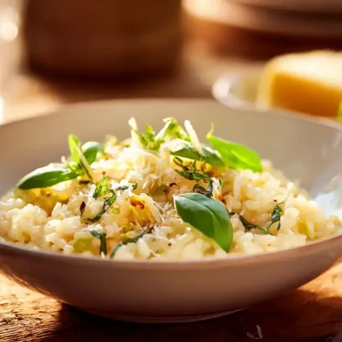 Cremiges Kräuter-Risotto aus dem Ofen, serviert mit Basilikum und Parmesan