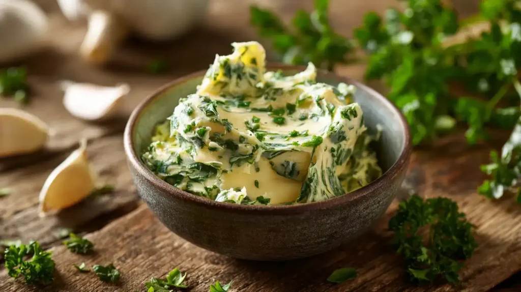 Kräuterbutter selber machen Frisch zubereitete Kräuterbutter mit Petersilie und Knoblauch in einer Schale