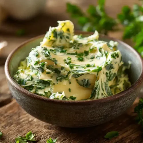Frisch zubereitete Kräuterbutter mit Petersilie und Knoblauch in einer Schale