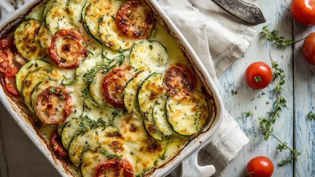 Mediterraner Tomaten-Zucchini-Auflauf mit geschmolzenem Mozzarella