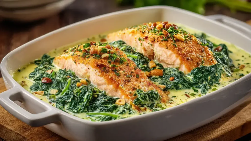 Einfacher Ofen-Lachs auf Spinat – cremig, saftig und voller Geschmack Servierter einfacher Ofen-Lachs auf Spinat mit cremiger Sahnesoße in Auflaufform