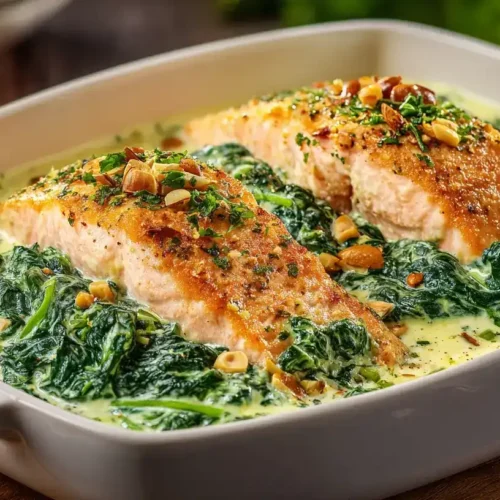 Servierter einfacher Ofen-Lachs auf Spinat mit cremiger Sahnesoße in Auflaufform