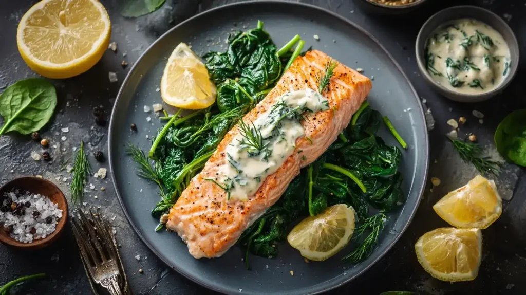 Zutaten für einfacher Ofen-Lachs auf Spinat auf Holzbrett arrangiert