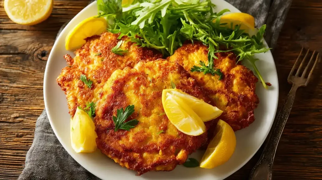 Knusprige Zucchinischnitzel auf weißem Teller mit Zitronenscheiben und Salat