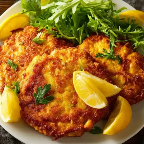 Knusprige Zucchinischnitzel auf weißem Teller mit Zitronenscheiben und Salat