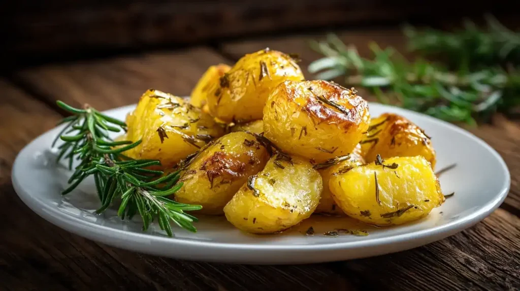 Knusprige Rosmarinkartoffeln aus dem Ofen auf weißem Teller mit frischem Rosmarin