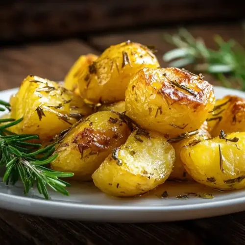 Knusprige Rosmarinkartoffeln aus dem Ofen auf weißem Teller mit frischem Rosmarin