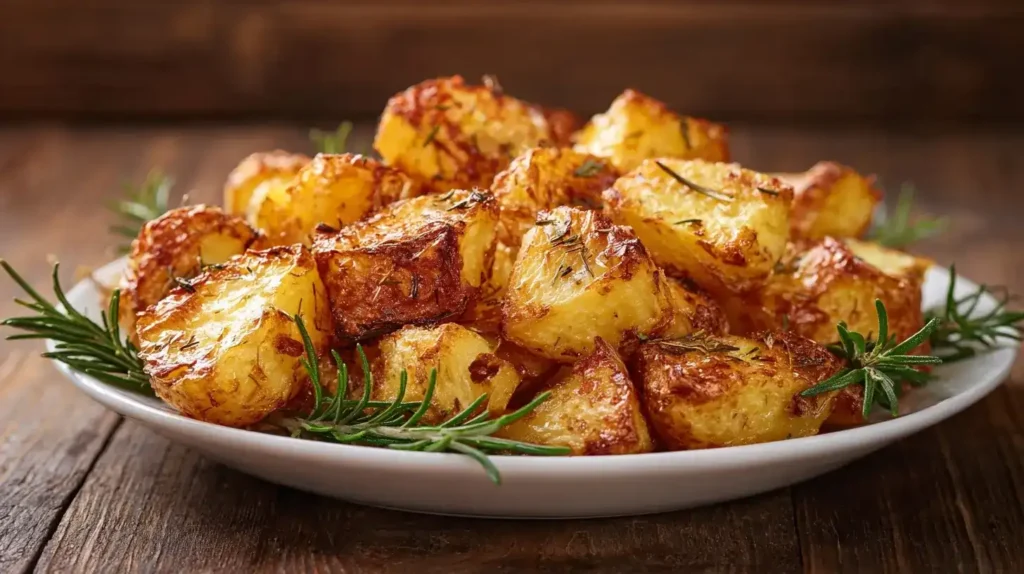 Goldbraune Rosmarinkartoffeln aus dem Ofen, rustikaler Holztisch, warme Beleuchtung