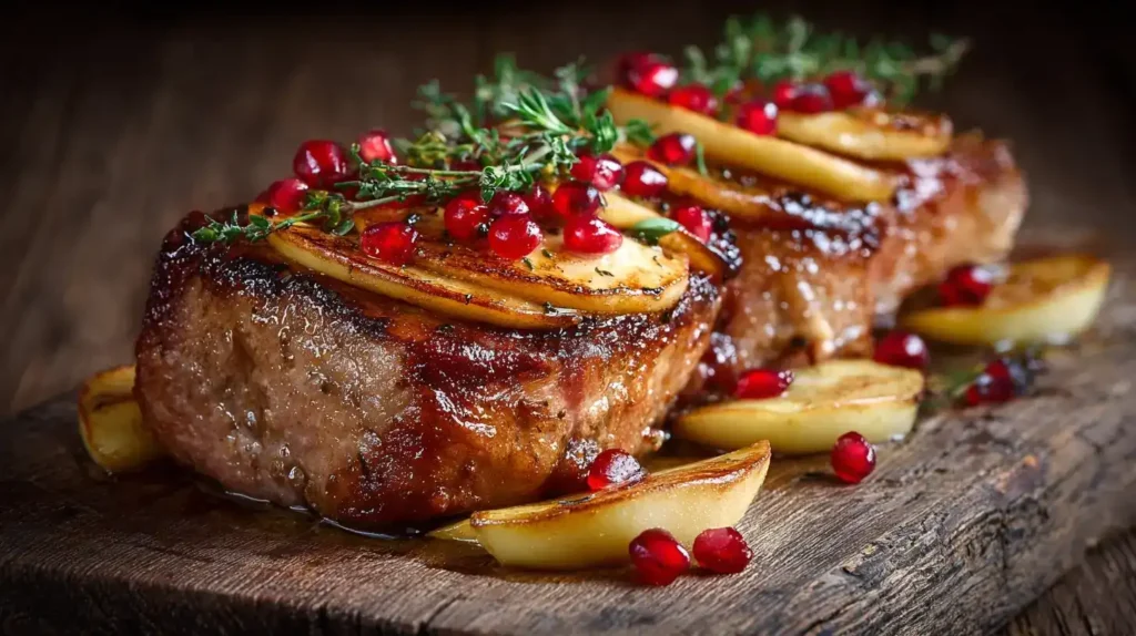 Ofenfrisches Schweinekotelett mit Apfelscheiben, Butter und Thymian serviert