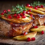 Ofenfrisches Schweinekotelett mit Apfelscheiben, Butter und Thymian serviert