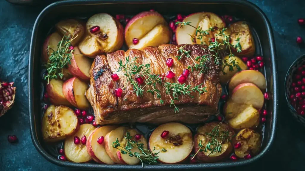 Serviertes Schweinekotelett mit Apfel und Preiselbeeren auf Teller angerichtet