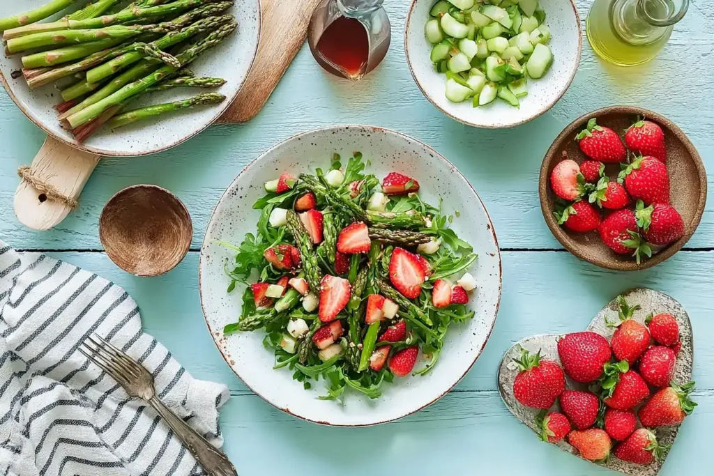 Frischer Spargelsalat mit Erdbeeren, Feta und Walnüssen, servierfertig angerichtet