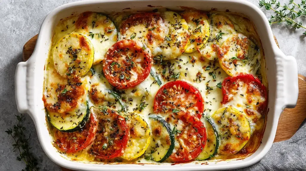 Tomaten-Zucchini-Auflauf mit Mozzarella frisch gebacken