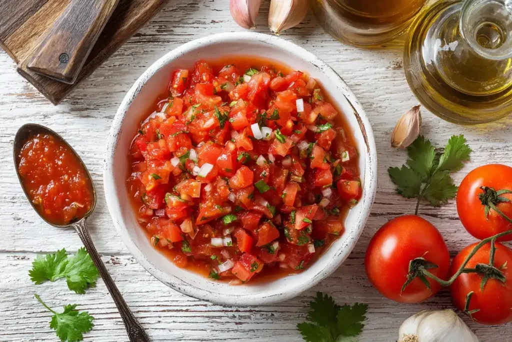 Frischer Tomatensalat mit Zwiebeln in einer weißen Schüssel, garniert mit Petersilie