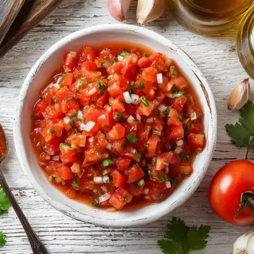 Frischer Tomatensalat mit Zwiebeln in einer weißen Schüssel, garniert mit Petersilie