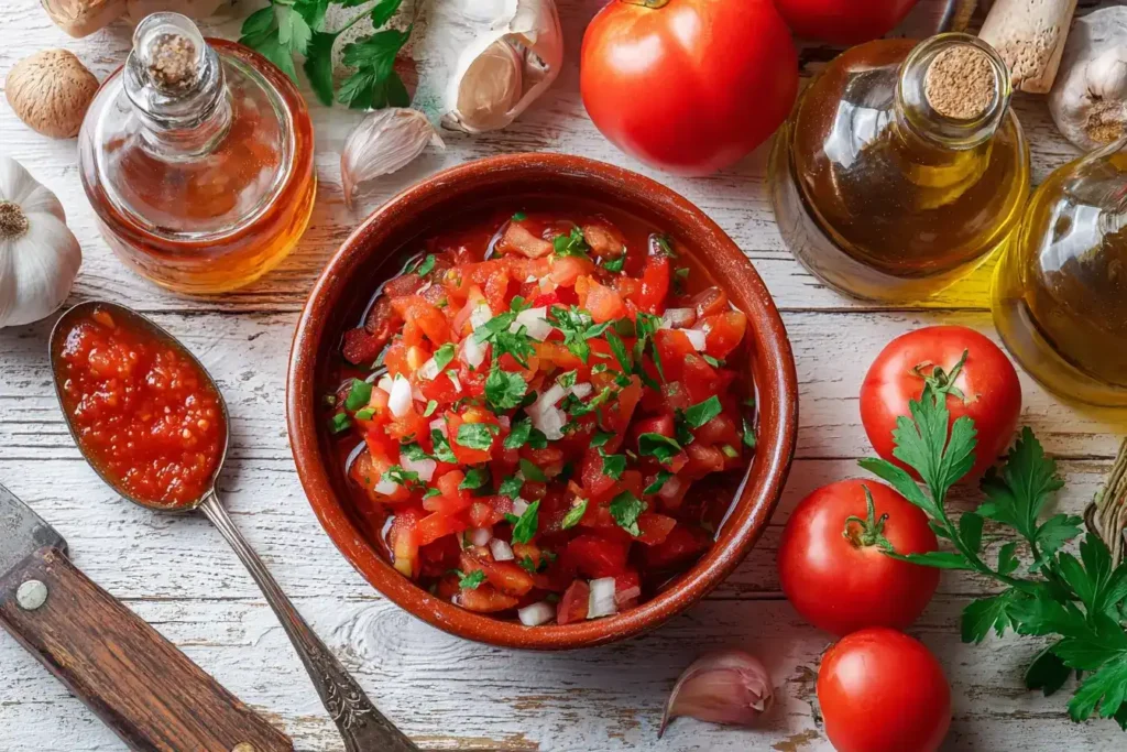 Tomaten, Zwiebeln, Olivenöl und Petersilie als Zutaten für Tomatensalat
