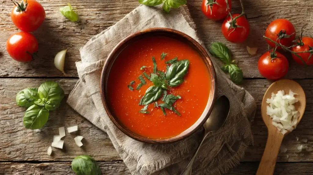 Zutaten für einfache Tomatensuppe mit Dosentomaten, Zwiebeln und Kräutern auf Holztisch arrangiert