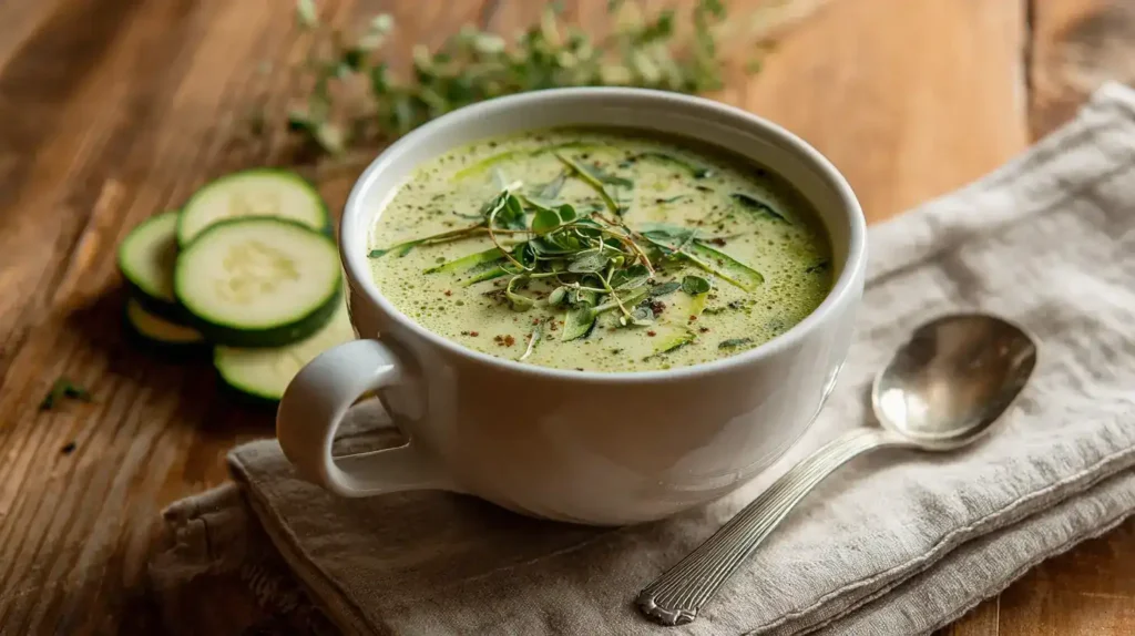 Cremige Zucchinisuppe in weißer Schüssel, serviert mit frischen Kräutern