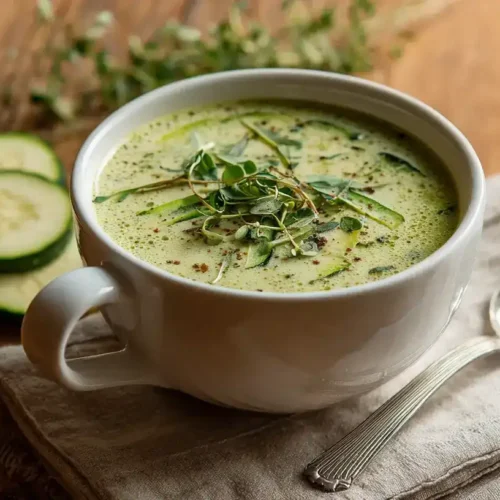 Cremige Zucchinisuppe in weißer Schüssel, serviert mit frischen Kräutern