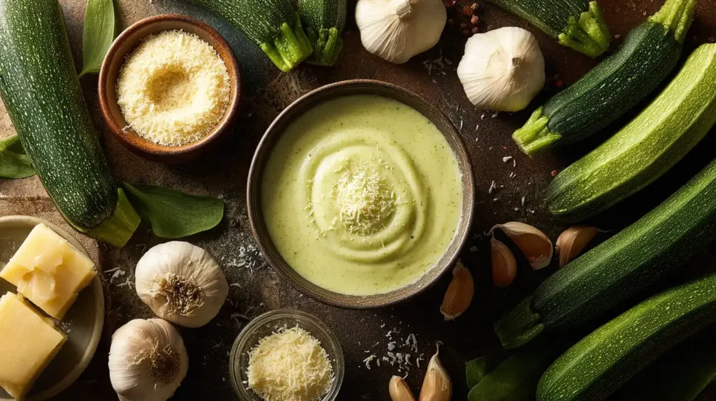 Zucchini, Parmesan, Mascarpone und Gemüsebrühe für Zucchinisuppe auf Holzbrett