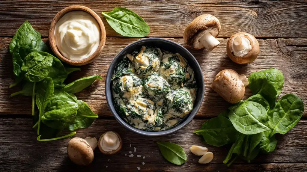 Zutaten für gefüllte Champignons mit Spinat und Crème fraîche auf Küchenarbeitsfläche