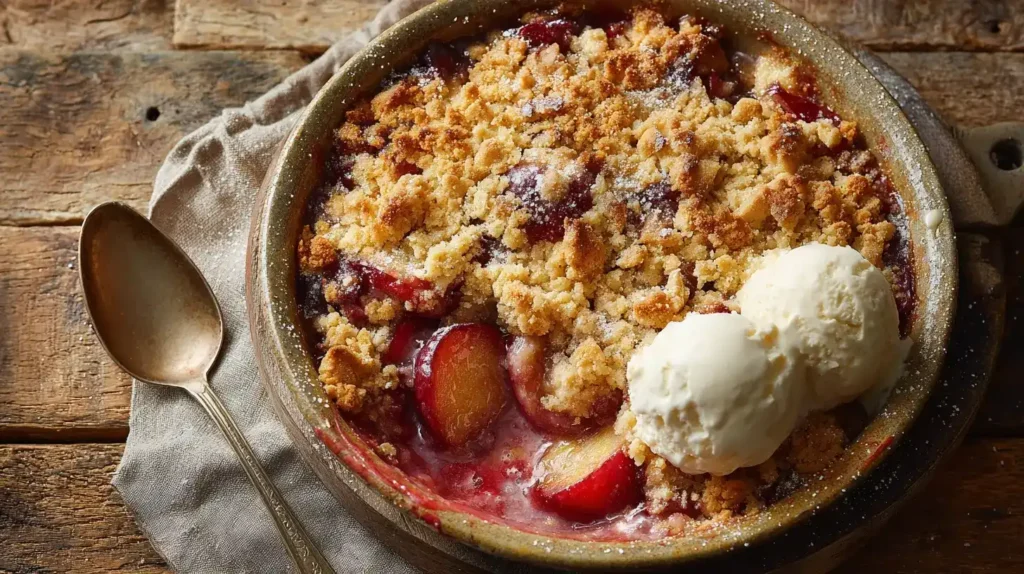 Zwetschgen Crumble frisch aus dem Ofen, goldbraune Streusel, serviert mit Vanilleeis