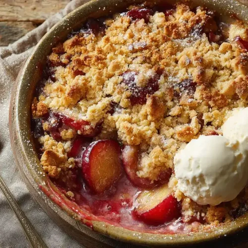 Zwetschgen Crumble frisch aus dem Ofen, goldbraune Streusel, serviert mit Vanilleeis