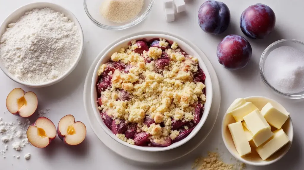 Zwetschgen Crumble Zutaten auf einem Tisch arrangiert – Mehl, Butter, Zucker und frische Zwetschgen