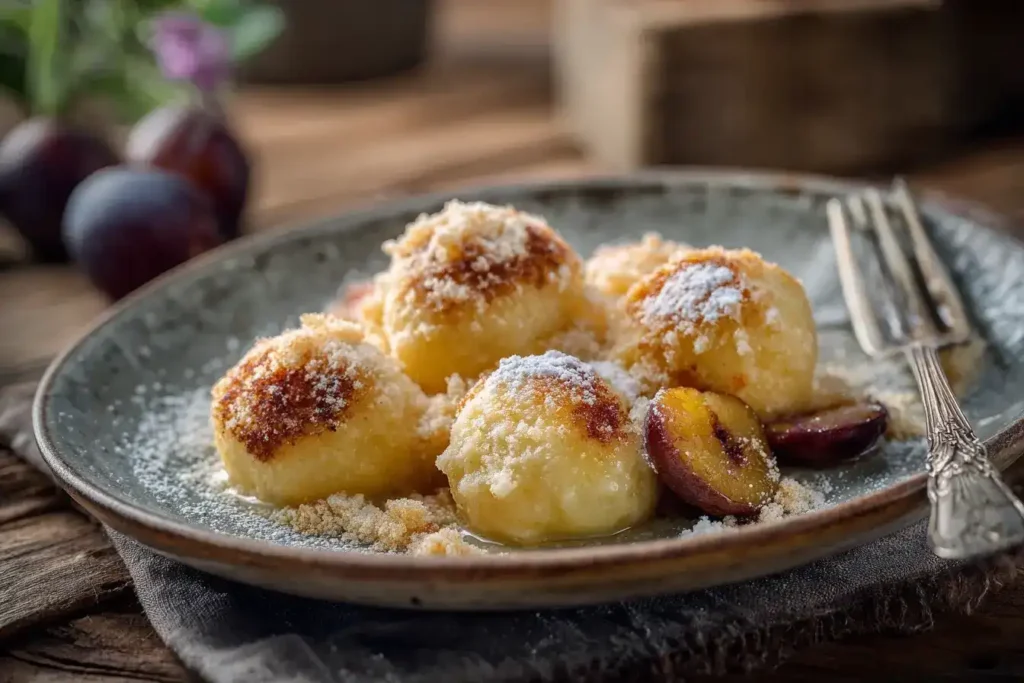 Zutaten für Zwetschgenknödel mit Kartoffelteig – Kartoffeln, Zwetschgen, Butter, Zuckerwürfel und Paniermehl