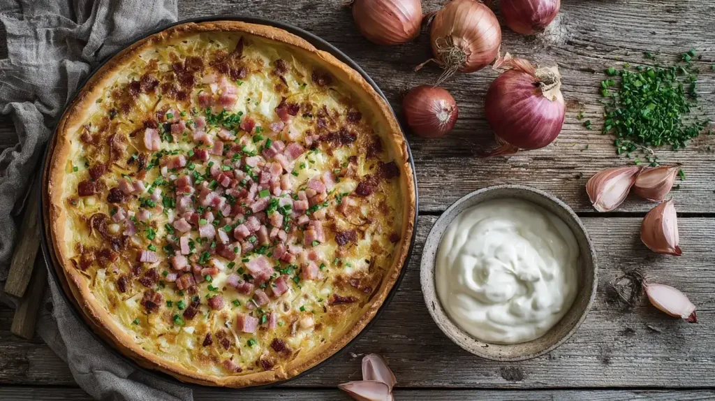 Stück Zwiebelkuchen vom Blech auf Teller mit Schnittlauch garniert