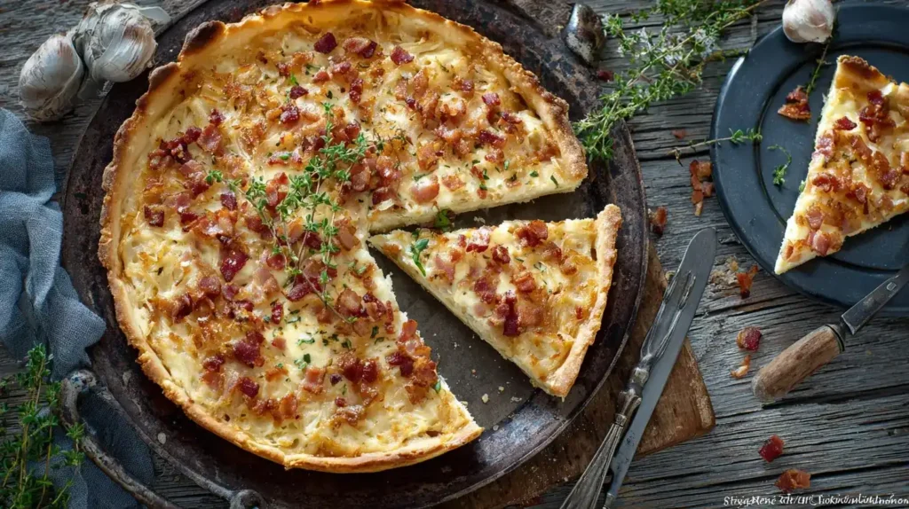 Zwiebelkuchen vom Blech mit Speck und Crème fraîche auf rustikalem Holztisch