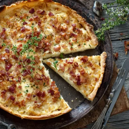 Zwiebelkuchen vom Blech mit Speck und Crème fraîche auf rustikalem Holztisch