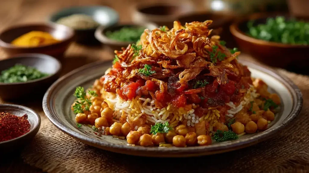 Ägyptisches Koshari Ägyptisches Koshari mit würziger Tomatensoße und knusprigen Zwiebeln