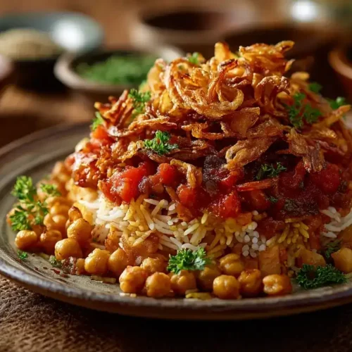 Ägyptisches Koshari mit würziger Tomatensoße und knusprigen Zwiebeln