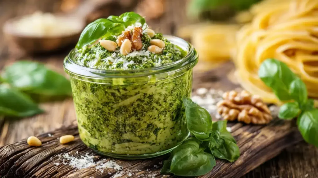 risches Basilikum-Pesto in Glas mit Parmesan und Pinienkernen auf Holzbrett