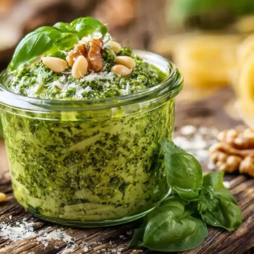 risches Basilikum-Pesto in Glas mit Parmesan und Pinienkernen auf Holzbrett
