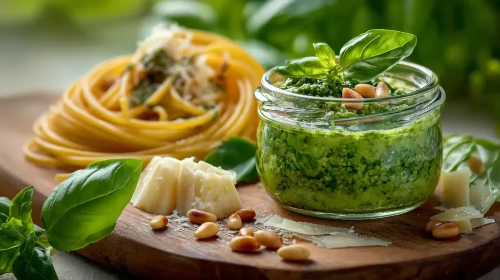 Cremiges Basilikum-Pesto serviert mit Pasta, frischem Basilikum und Parmesan