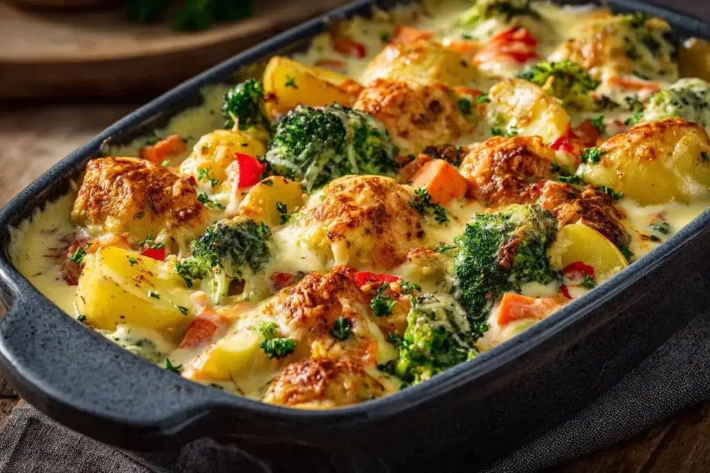 Bunter Gemüseauflauf mit Brokkoli, Paprika, Kartoffeln und geschmolzenem Käse
