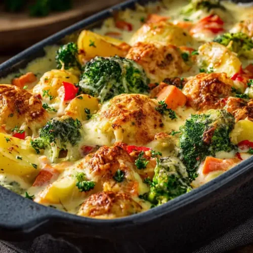 Bunter Gemüseauflauf mit Brokkoli, Paprika, Kartoffeln und geschmolzenem Käse