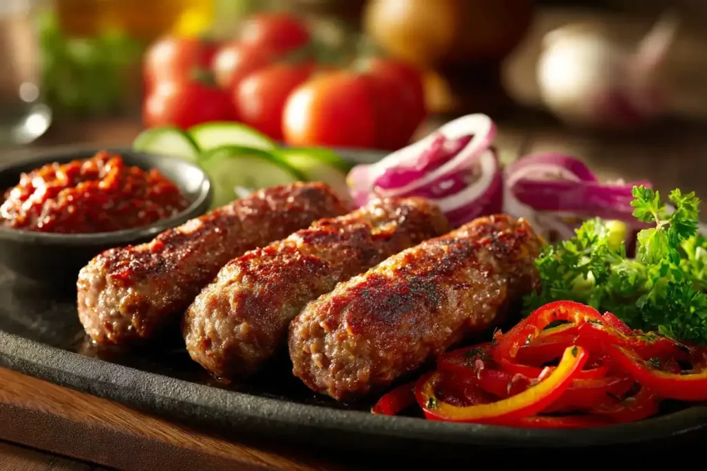 Cevapcici – Das Original ganz einfach Saftige Cevapcici Hackfleischröllchen in der Pfanne mit Paprika und Zwiebeln