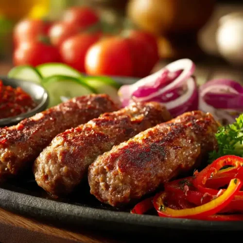 Saftige Cevapcici Hackfleischröllchen in der Pfanne mit Paprika und Zwiebeln