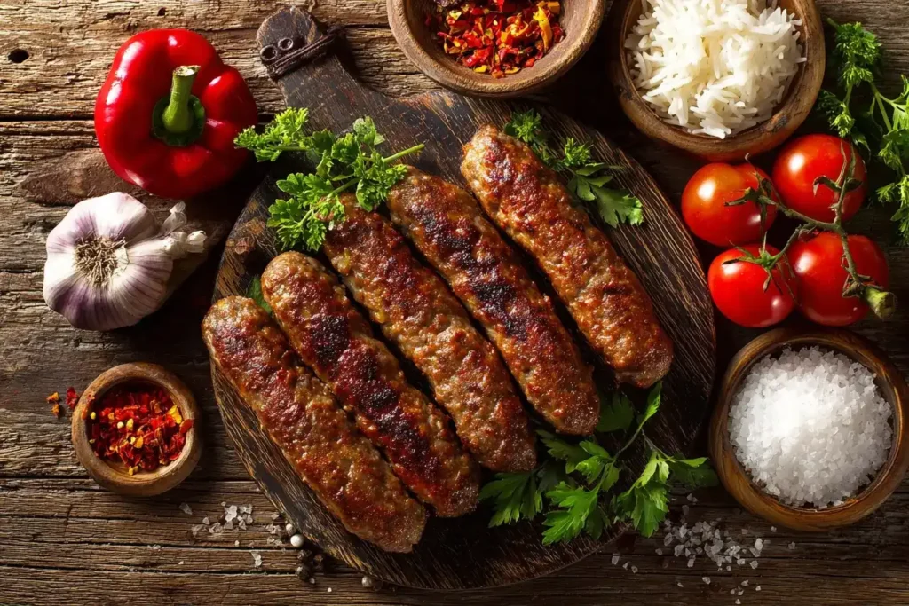 Cevapcici serviert mit Ajvar, frischen Tomaten und Zwiebelringen auf Teller