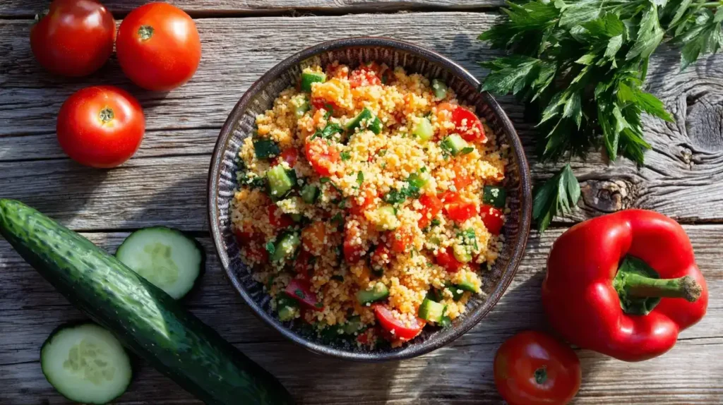 Couscous Salat – Schnell, Frisch & Einfach Frischer Couscous Salat mit Tomaten, Gurke, Paprika und Kräutern in einer Schüssel serviert