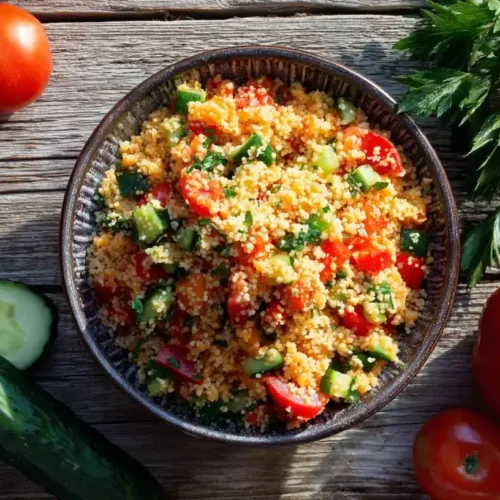 Frischer Couscous Salat mit Tomaten, Gurke, Paprika und Kräutern in einer Schüssel serviert