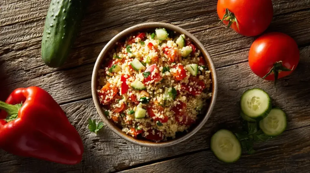 Zutaten für Couscous Salat – Couscous, Tomaten, Paprika, Gurke, Kräuter und Zitronen auf Holzbrett