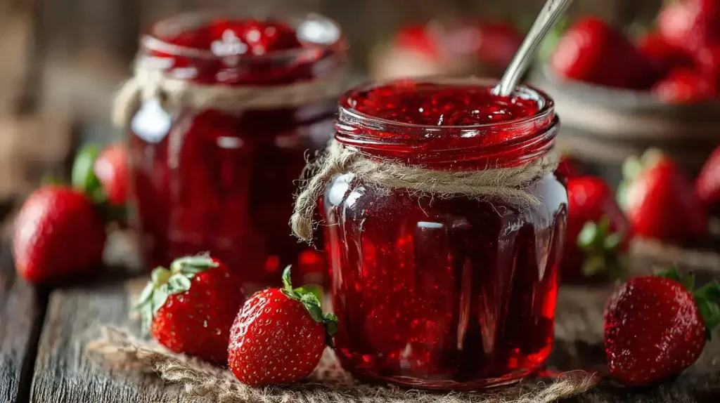 Frisch gekochte Erdbeermarmelade in Gläsern mit Erdbeeren auf Holztisch