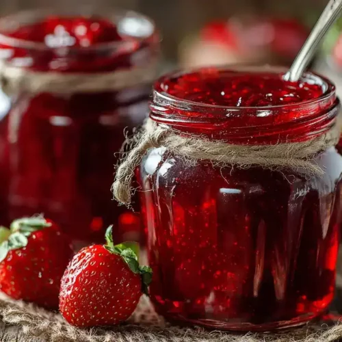 Frisch gekochte Erdbeermarmelade in Gläsern mit Erdbeeren auf Holztisch